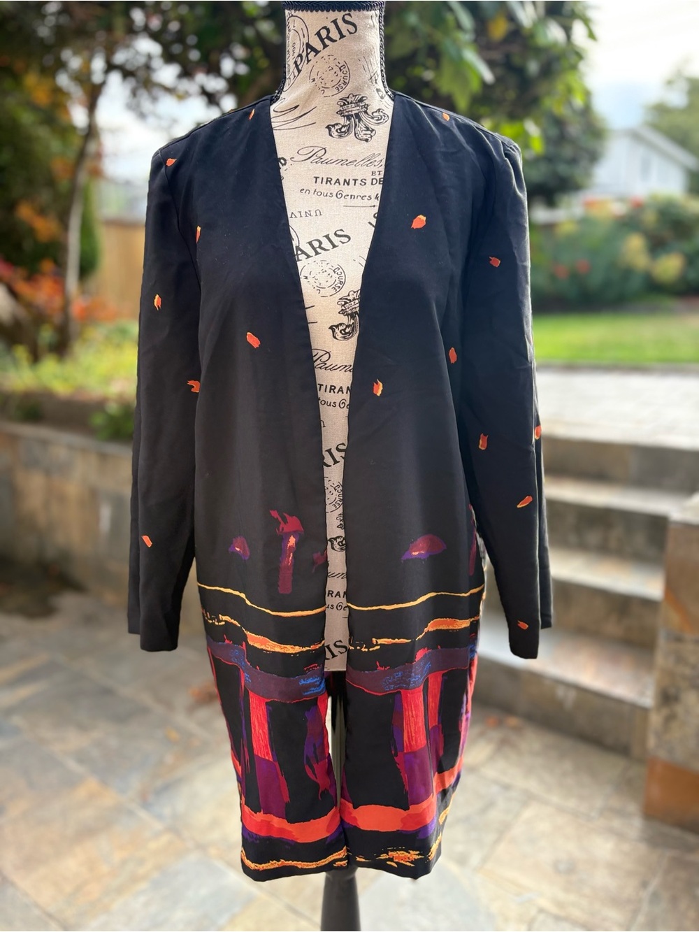 Black Open Front Duster with Abstract Orange & Purple Print - Fits a S or M